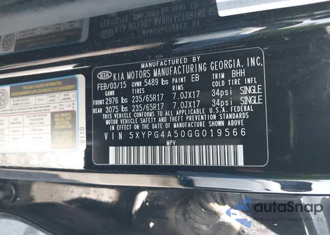 2016 Kia Sorento 3.3L Lx z USA, uszkodzony, nr VIN 5XYPG4A50GG019566